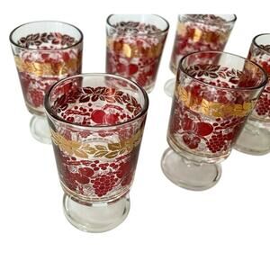 Vintage Red & Fold Motif Footed Glasses Set of 6 Retro Mid Century Barware Drink